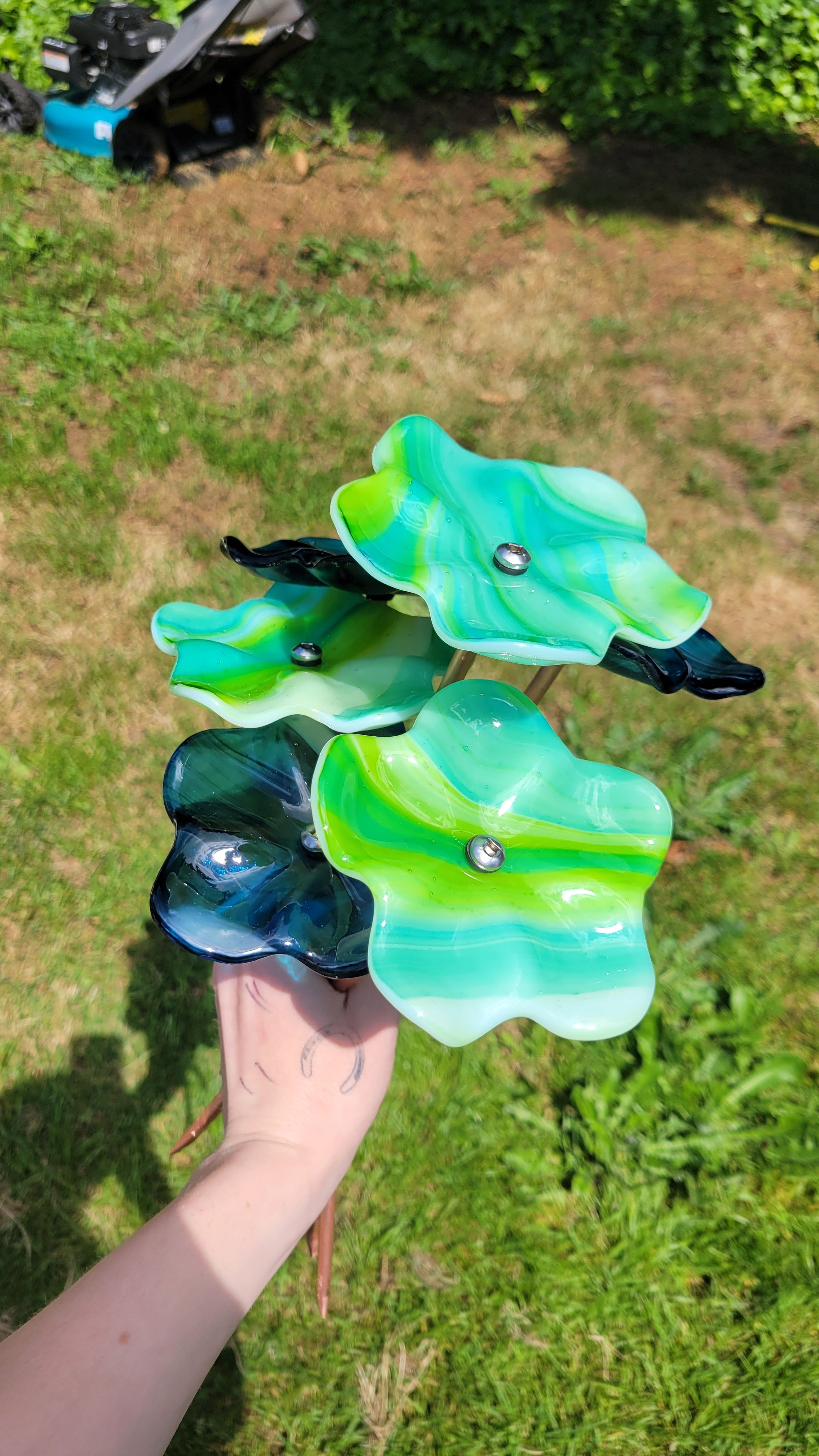 Fused Glass Flower Bee Watering Station | Copper Garden Stake