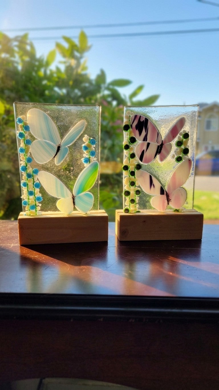 Fused Glass Butterfly Mini Panel with Wooden Stand