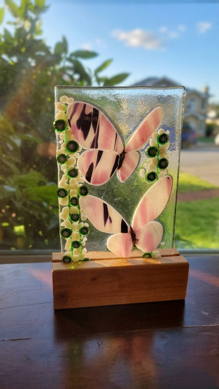 Fused Glass Butterfly Mini Panel with Wooden Stand
