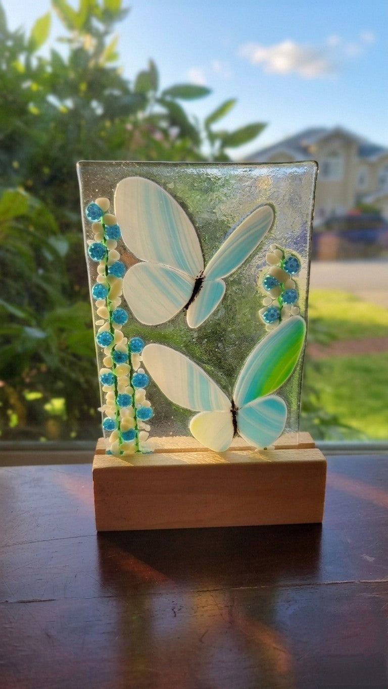 Fused Glass Butterfly Mini Panel with Wooden Stand
