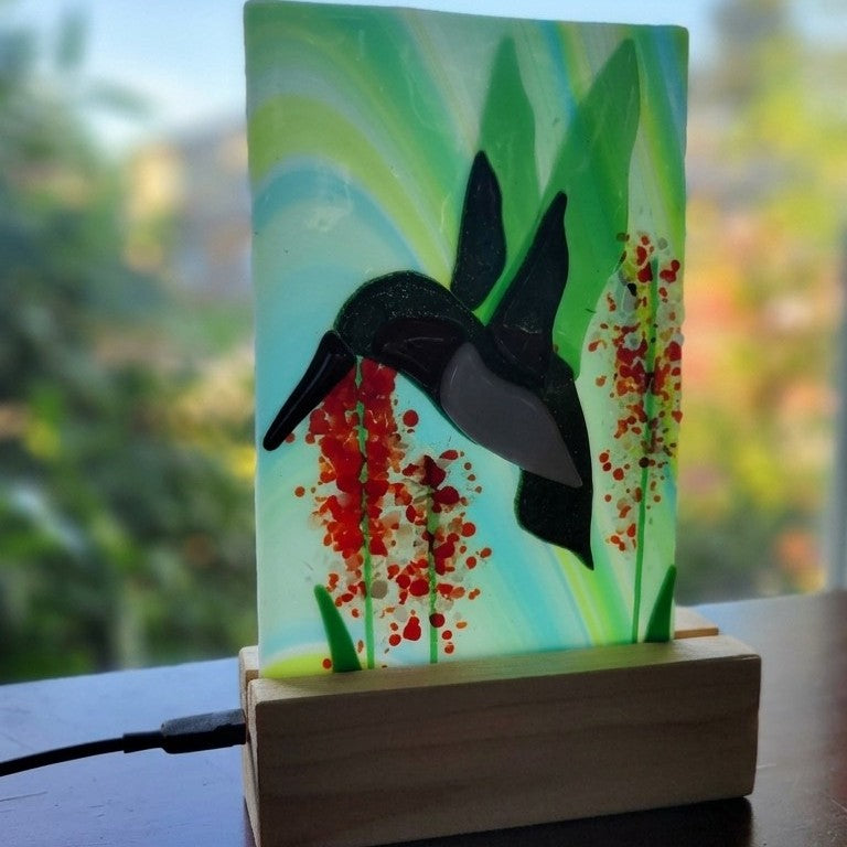Fused Glass Hummingbird Mini Panel with Wooden Stand