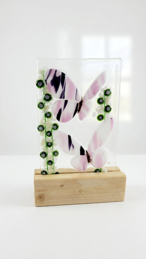 Fused Glass Butterfly Mini Panel with Wooden Stand