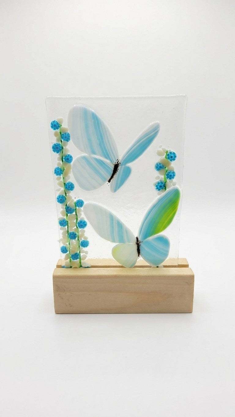 Fused Glass Butterfly Mini Panel with Wooden Stand