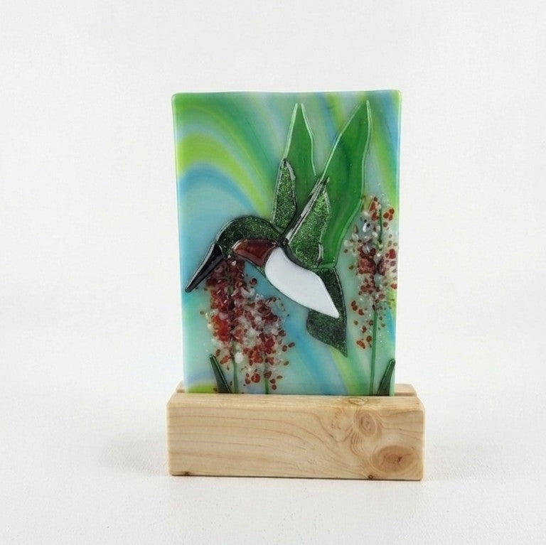 Fused Glass Hummingbird Mini Panel with Wooden Stand